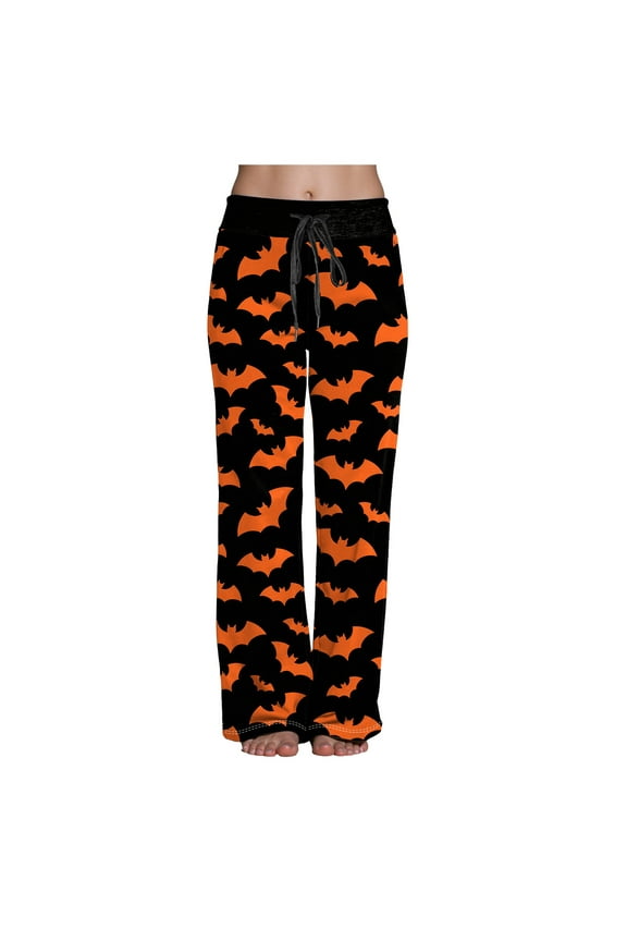 Halloween Pajama Pants Women Stretch Wide Leg Pj Pants High Waisted Cute Pumpkin Skull Ghost Print Pjs Palazzo Pants (Orange, XXL)