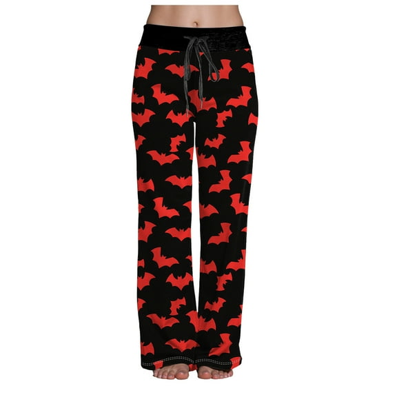 TTUHYWXI Halloween Pajama Pants Women Stretch Wide Leg Pj Pants High Waisted Cute Pumpkin Skull Ghost Print Pjs Palazzo Pants (Red, S)