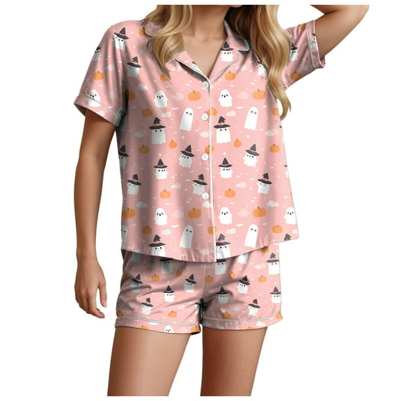 TTUHYWXI Halloween Pajamas Women Cute Pumpkin Button Up Supersoft Shorts Sets 2025 Chest Pocket Two Piece Horror Skull Loungewear (Light Pink, S)