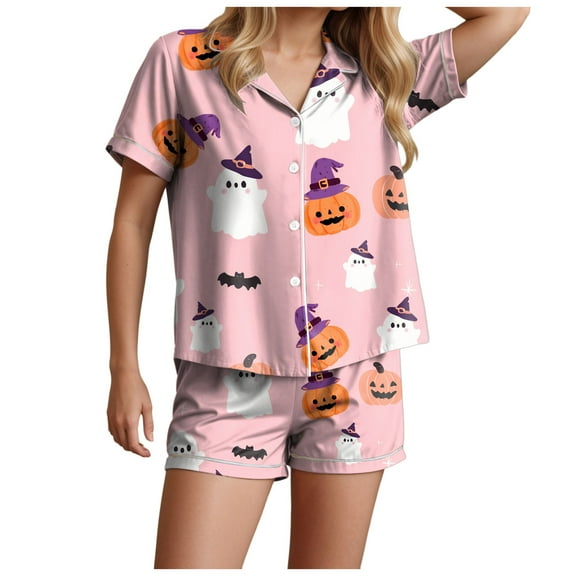 TTUHYWXI Halloween Pajamas Women Cute Pumpkin Button Up Supersoft Shorts Sets 2025 Chest Pocket Two Piece Horror Skull Loungewear (Pink, L)