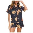 thumbnail image 1 of TTUHYWXI Halloween Pajamas Women Pumpkin Ghost Graphic 2 Piece Sleepwear Short Sleeve Button Shirt Pjs Shorts Set (Black, XL), 1 of 9