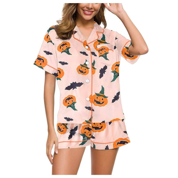 TTUHYWXI Halloween Pajamas Women Silk Pajamas Button Up Shirt and Shorts Satin Pajama Set 2 Piece Loungewear Sleepwear (Orange, XXL)