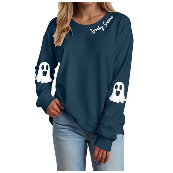 TTUHYWXI Halloween Shirt Women Pumpkin Shirts Cute Fall Long Sleeve Graphic Tee Tops Navy,M