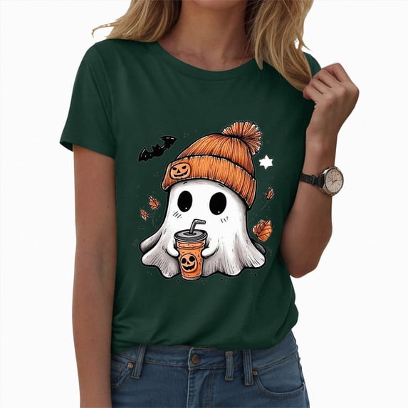TTUHYWXI Halloween Shirt Women Womens Fall Halloween Thanksgiving O Neck Shirt Holiday Funny Family Matching Graphic Tee Casual Autumn Tops(Dark Green,2XL)