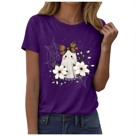 TTUHYWXI Halloween Shirts for Women Bow Ghost Shirt Cute Spooky Tshirt Fall Flower Graphic Tees Casual Short Sleeve Tops (Dark Purple, XL)