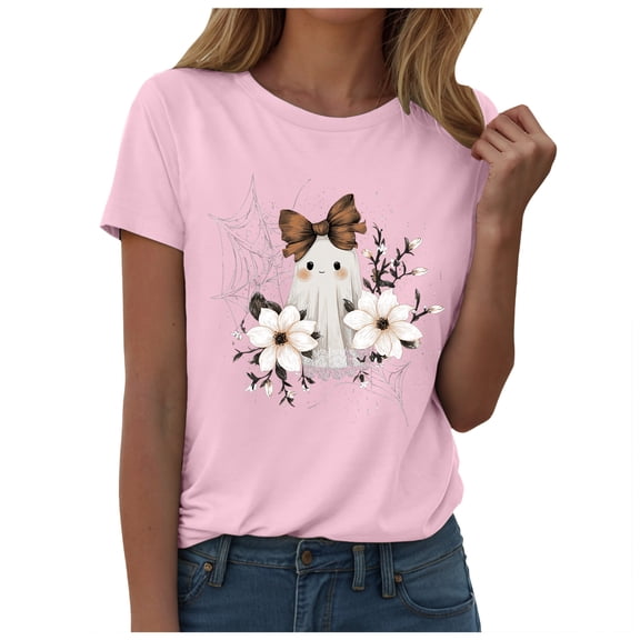 TTUHYWXI Halloween Shirts for Women Bow Ghost Shirt Cute Spooky Tshirt Fall Flower Graphic Tees Casual Short Sleeve Tops (Pink, L)