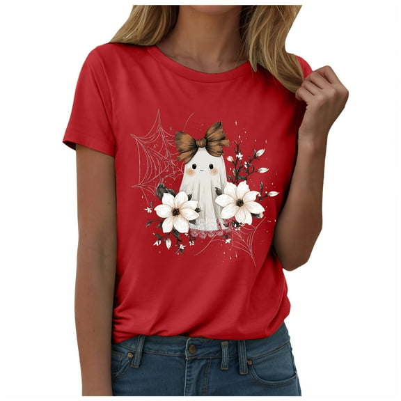 TTUHYWXI Halloween Shirts for Women Bow Ghost Shirt Cute Spooky Tshirt Fall Flower Graphic Tees Casual Short Sleeve Tops (Red, M)