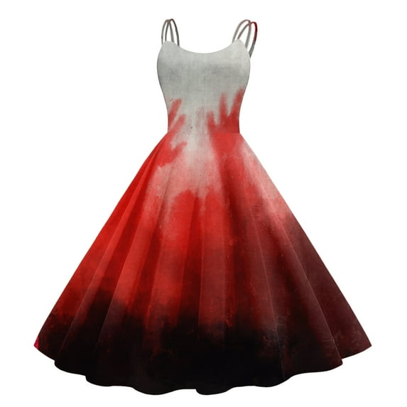 TTUHYWXI Halloween Spaghetti Strap Dress for Women Blooody Printed A line Sleeveless High Waist Midi Dresses (Black, XXL)