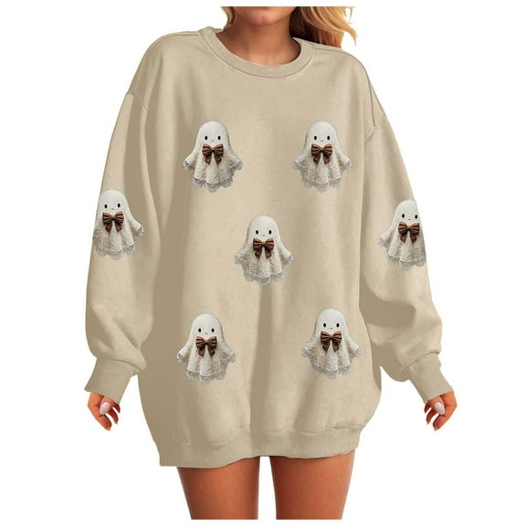 TTUHYWXI Halloween Sweatshirts Women Colorful Sequin Ghost Graphic Pullover Shirt Halloween Witch Crewneck Sweater (Beige, S)