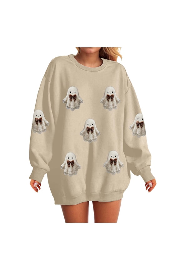 Halloween Sweatshirts Women Colorful Sequin Ghost Graphic Pullover Shirt Halloween Witch Crewneck Sweater (Beige, S)