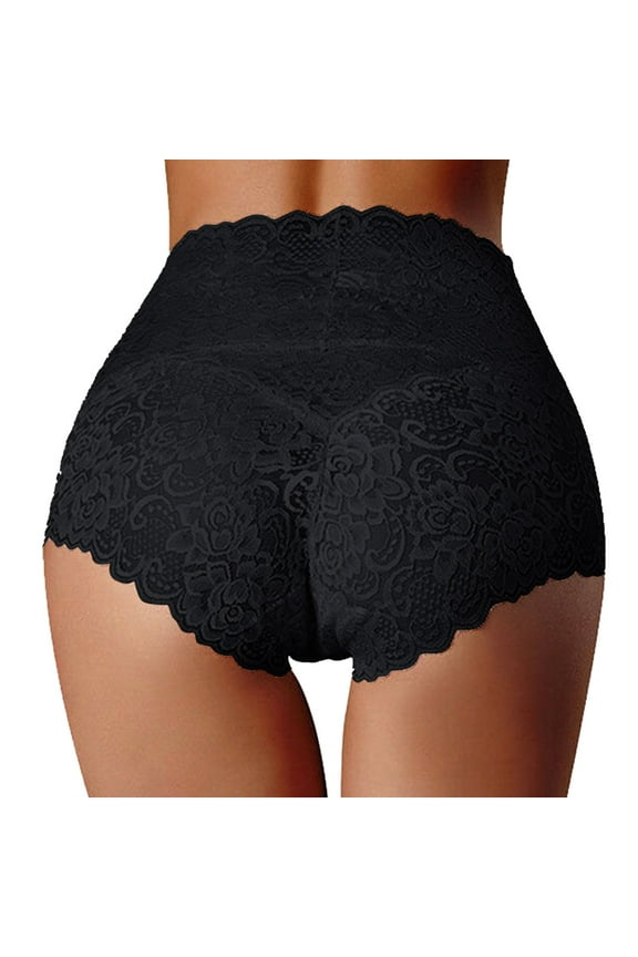 High Waist Lace Underwear for Women Seamless Sexy Panties Ladies Stretch Full Coverage Briefs (Black, XXL)