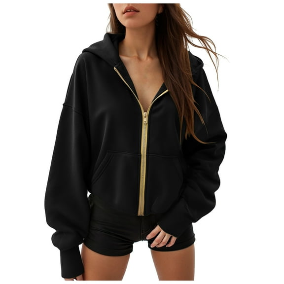 TTUHYWXI Hoodies for Women Sweatshirt Zip Up Hoodie Fall Fashion 2025 Trendy Long Sleeve Jackets Winter Clothing Outfits (Black, M)