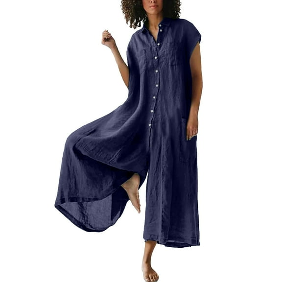 TTUHYWXI Jumpsuits for Women Loose Fit Short Sleeve Long Length Wide Leg Button Down Casual Jumpsuit (Blue, S)