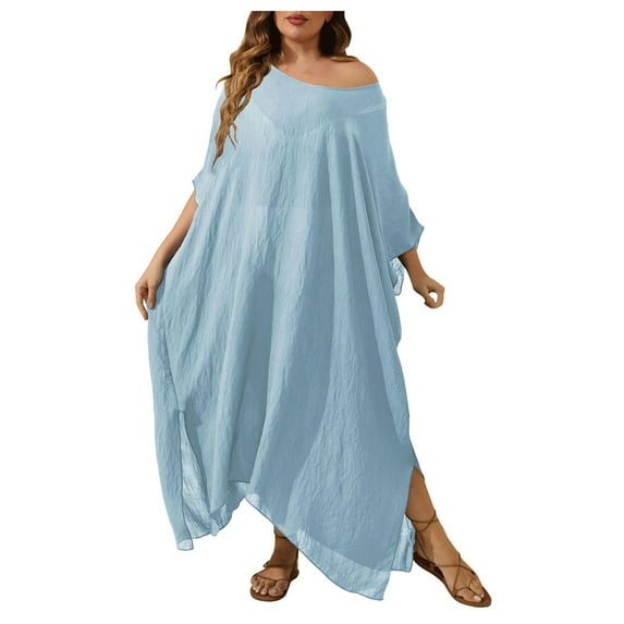 TTUHYWXI Kaftan Dresses for Women See Through Batwing Sleeve Bathing Suit Cover up Maxi Beach Dress Swimsuit Coverup (Sky Blue, One Size)