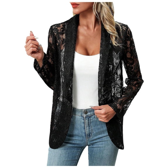 TTUHYWXI Lightweight Summer Crochet Cardigan for Women Long Sleeve Kimono Boho Open Front Sheer Knit Cardigans (Black, M)