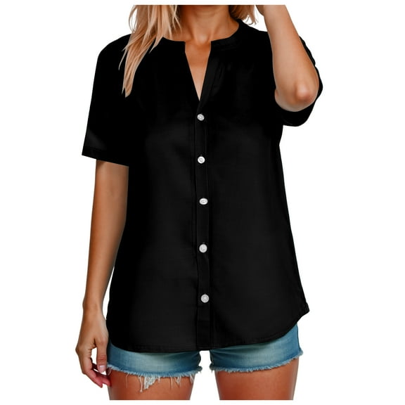 TTUHYWXI Linen Shirts for Women 2025 Summer Button Down Shirts Short Sleeve Collared V Neck Casual Blouses Work Office Tshirts (Black, XL)