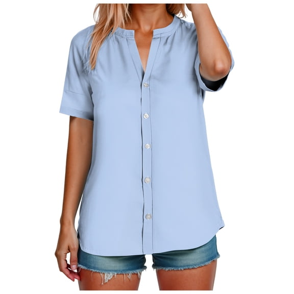 TTUHYWXI Linen Shirts for Women 2025 Summer Button Down Shirts Short Sleeve Collared V Neck Casual Blouses Work Office Tshirts (Blue, 3XL)