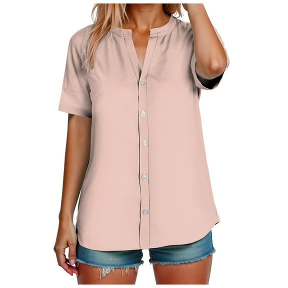 TTUHYWXI Linen Shirts for Women 2025 Summer Button Down Shirts Short Sleeve Collared V Neck Casual Blouses Work Office Tshirts (Pink, XL)