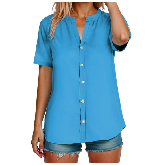TTUHYWXI Linen Shirts for Women 2025 Summer Button Down Shirts Short Sleeve Collared V Neck Casual Blouses Work Office Tshirts (Sky Blue, S)