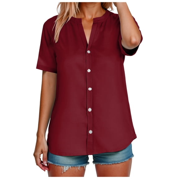 TTUHYWXI Linen Shirts for Women 2025 Summer Button Down Shirts Short Sleeve Collared V Neck Casual Blouses Work Office Tshirts (, 3XL)
