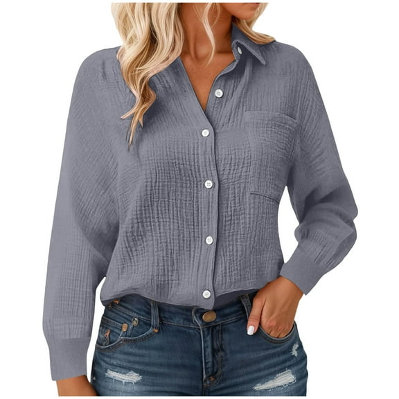 TTUHYWXI Linen Shirts for Women Summer Long Sleeve Lapel Button Down Shirt Lightweight Gauze Tops Loose Casual Blouses Clothes (Dark Gray, M)