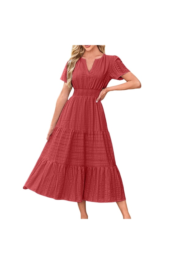 Maxi Dress for Women Wrap V Neck Short Sleeve Empire Pleated Waist Summer Casual Elegant Long Dresses with Pockets (Red, XXL)