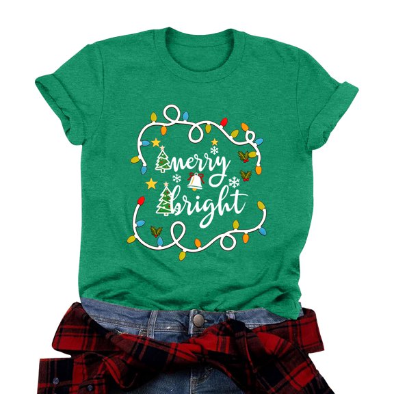 TTUHYWXI Merry And Bright Santa Christmas Xmas Lights Pajamas Holiday T-Shirt (Green, M)