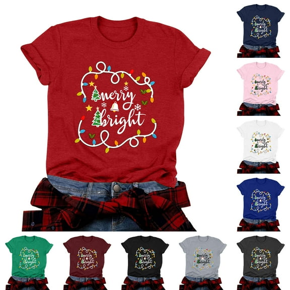 TTUHYWXI Merry And Bright Santa Christmas Xmas Lights Pajamas Holiday T-Shirt (Grey, M)