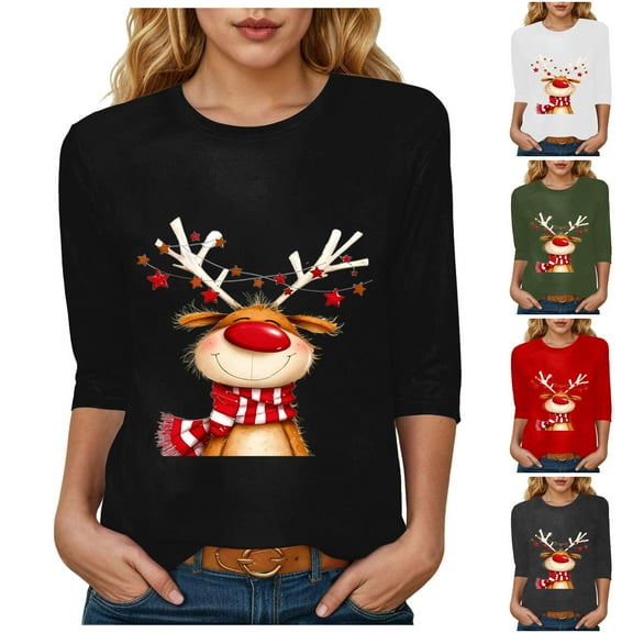 TTUHYWXI Merry Christmas Shirts for Women 3/4 Sleeve Holiday T-Shirt Funny Graphic Print Tunic Tops Crew Neck Solid Color Tees (White, M)