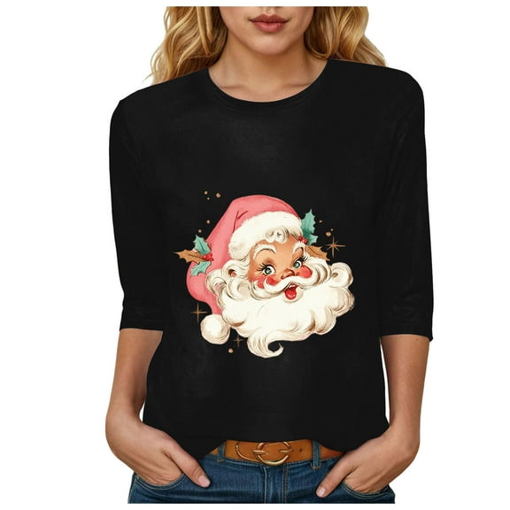 TTUHYWXI Merry Christmas Tree Crew Neck Shirt for Women Funny Xmas Graphic 3/4 Sleeve Tee Winter Holiday Family Party Matching Tops (Black, XXL)