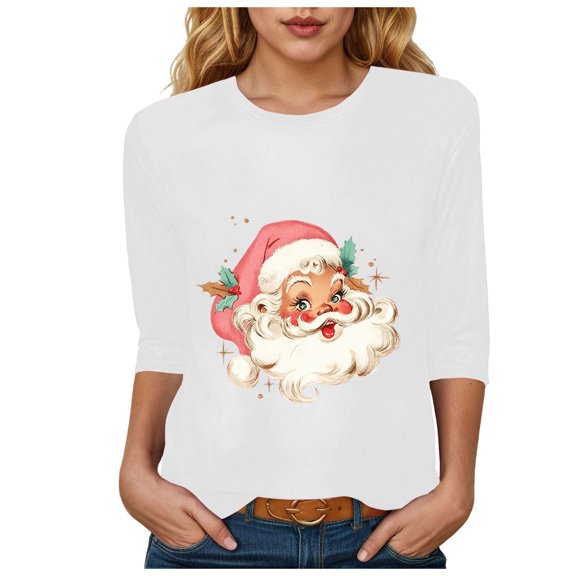 TTUHYWXI Merry Christmas Tree Crew Neck Shirt for Women Funny Xmas Graphic 3/4 Sleeve Tee Winter Holiday Family Party Matching Tops (White, S)