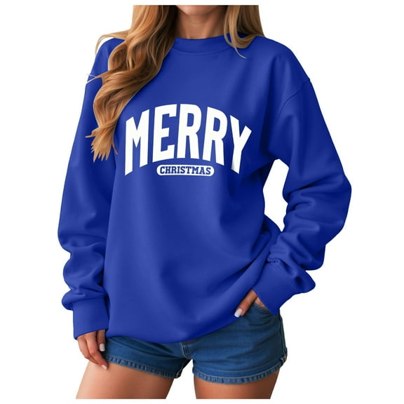 TTUHYWXI Merry Sweatshirts for Women Oversized Crewneck Christmas Pullover Long Sleeve Xmas Holiday Outfits (Blue, XL)