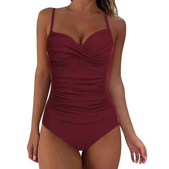 TTUHYWXI Modest Swim Suits for Women 2025 Sexy Bathing Suits Tummy Control One Piece Square Neck Vintage Slimming Swimwear (Wine, M)