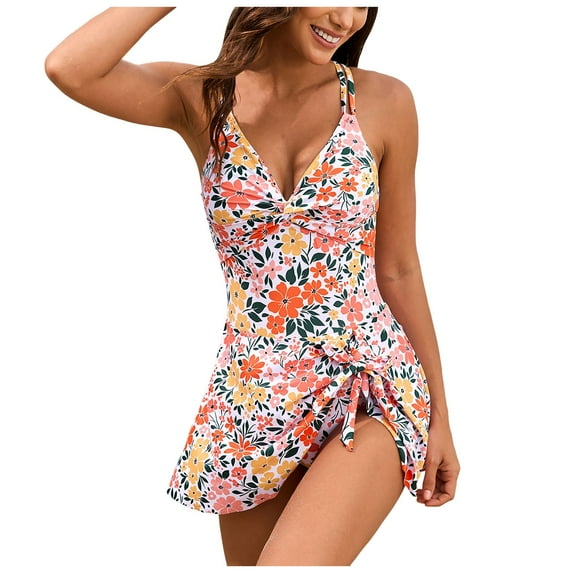 TTUHYWXI One Piece Swim Dress Swimsuits for Women Twist Front Doulbe Shouldr Straps Crisscross Back Tummy Control Bathing Suit (Orange, M)