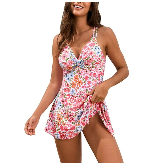 TTUHYWXI One Piece Swim Dress Swimsuits for Women Twist Front Doulbe Shouldr Straps Crisscross Back Tummy Control Bathing Suit (Red, XXL)