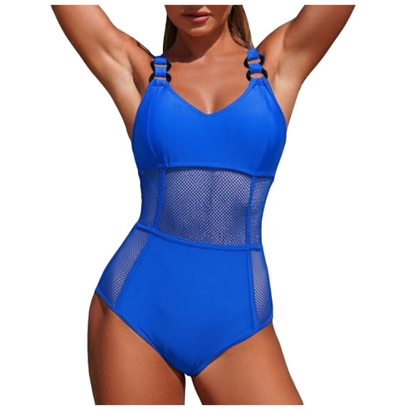 TTUHYWXI One Piece Swimsuit Women Bathing Suit Mesh Panel Casaul Slimming V Neck Adjustable Strap Tummy Control Swimsuits (Blue, M)