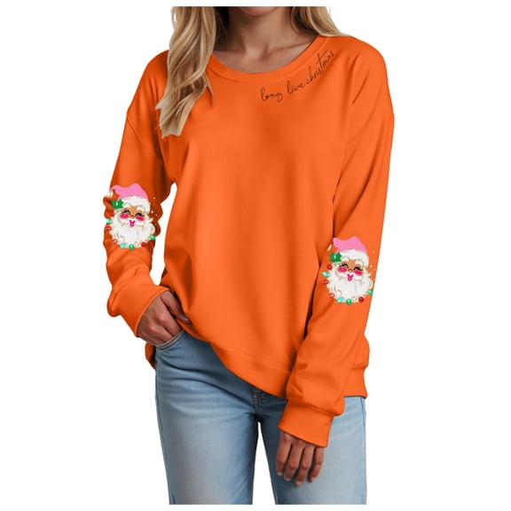 TTUHYWXI Retro Santa Sweatshirt for Women Vintage Christmas Fleece Linend Sweaters Crewneck Oversized Long Sleeve Tops (Orange, XXL)