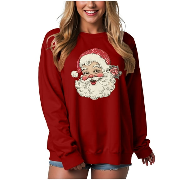 TTUHYWXI Retro Santa Sweatshirt for Women Vintage Christmas Fleece Linend Sweaters Crewneck Oversized Long Sleeve Tops (Red, XL)