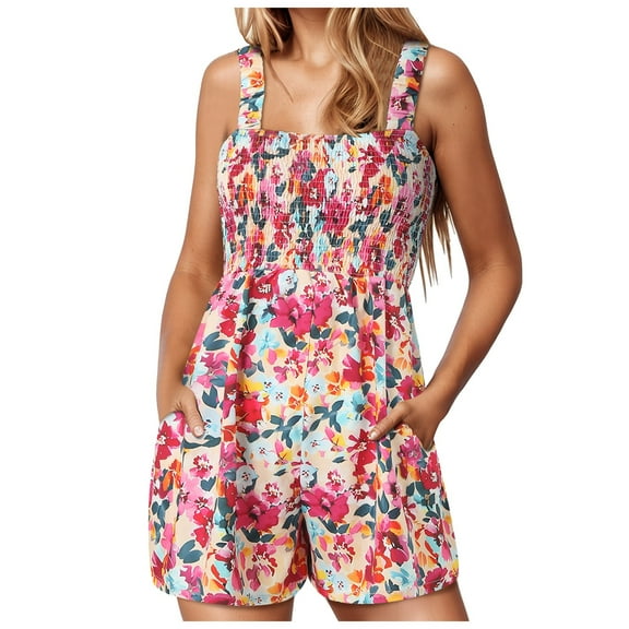 TTUHYWXI Rompers for Women Summer Vacation Beach Outfits Casual Loose Square Neck Shorts Jumpsuits Overalls 2025 Resort Wear (Red, L)