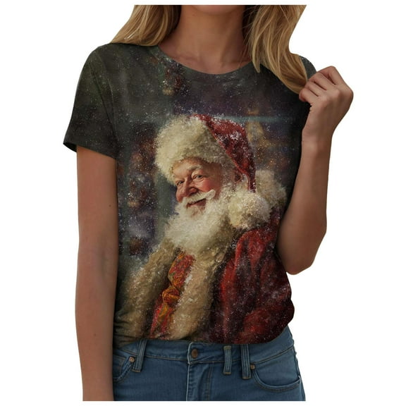 TTUHYWXI Santa Claus 3D Print Graphic T-Shirt for Women Christmas Short Sleeve Clothing (Khaki, XXL)