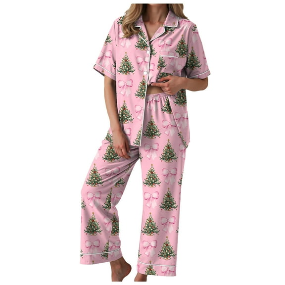 TTUHYWXI Satin Silk Christmas Pajamas Set for Women Xmas Print Long Sleeve Shirts Lounge Set Two Piece Pjs Pants Sleepwear (Hot Pink, S)