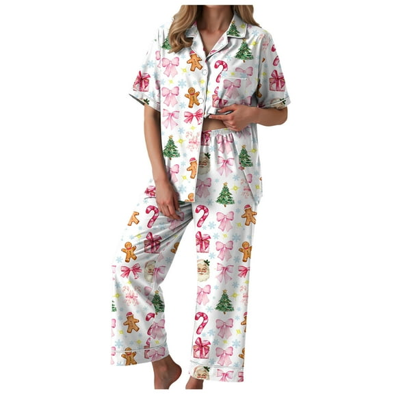TTUHYWXI Satin Silk Christmas Pajamas Set for Women Xmas Print Long Sleeve Shirts Lounge Set Two Piece Pjs Pants Sleepwear (Light Pink, S)