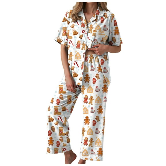 TTUHYWXI Satin Silk Christmas Pajamas Set for Women Xmas Print Long Sleeve Shirts Lounge Set Two Piece Pjs Pants Sleepwear (Orange, S)