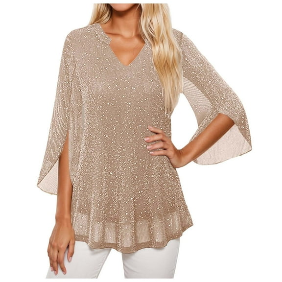 TTUHYWXI Sequin Tops for Women Night Out 3/4 Sleeve Blouses Dressy Sparkly Elegant Evening Party Formal Top Concert Outfits (Khaki, XXL)