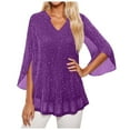 thumbnail image 1 of TTUHYWXI Sequin Tops for Women Night Out 3/4 Sleeve Blouses Dressy Sparkly Elegant Evening Party Formal Top Concert Outfits (Purple, S), 1 of 4