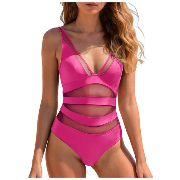 TTUHYWXI Sexy One Piece Swimsuit for Women Tie Back Deep V Neck Mesh Womens Swimsuits Color Block Bathing Suits (Hot Pink, M)