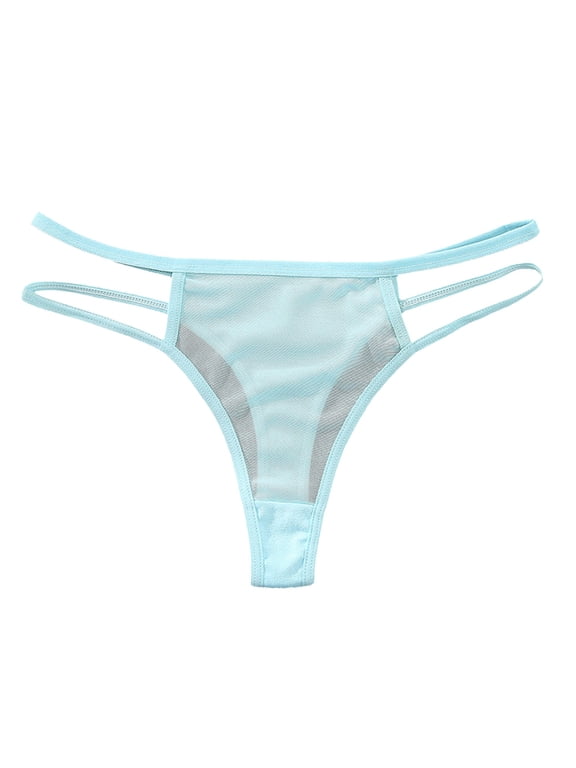 Strappy Cutout Side Panty Thongs for Women T-Back Lingerie G String See Through Mesh Panties Micro Underwear Tangas (Blue, M)