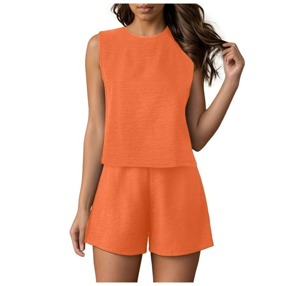 TTUHYWXI Summer 2 Piece Sets for Women Sleeveless Tank Top Matching Shorts Sets Trendy Striped Sweatsuits Vacation Beach Outfits (Orange, L)