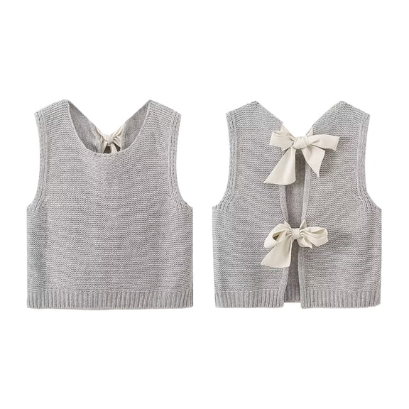 TTUHYWXI Sweater Vest Top for Women Casual Crop Knit Cardigan Vest Bow Tie Back Knitted Tank Tops (Grey, S)