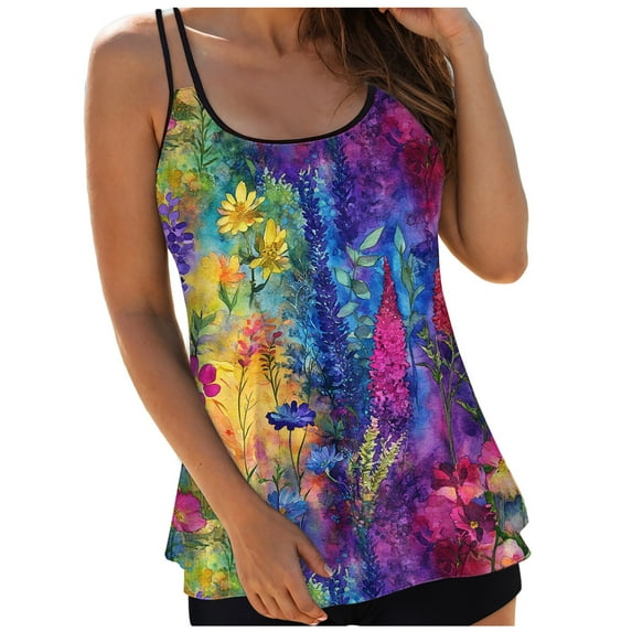 TTUHYWXI Tankini Swimsuits for Women Full Coverage Tank Top Only Swimsuit Vintage Floral Print Tummy Control Bathing Suit (Light Purple, S)